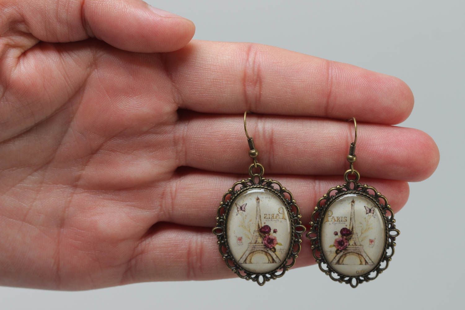Vintage oval handmade glass glaze earrings Spring Paris photo 5