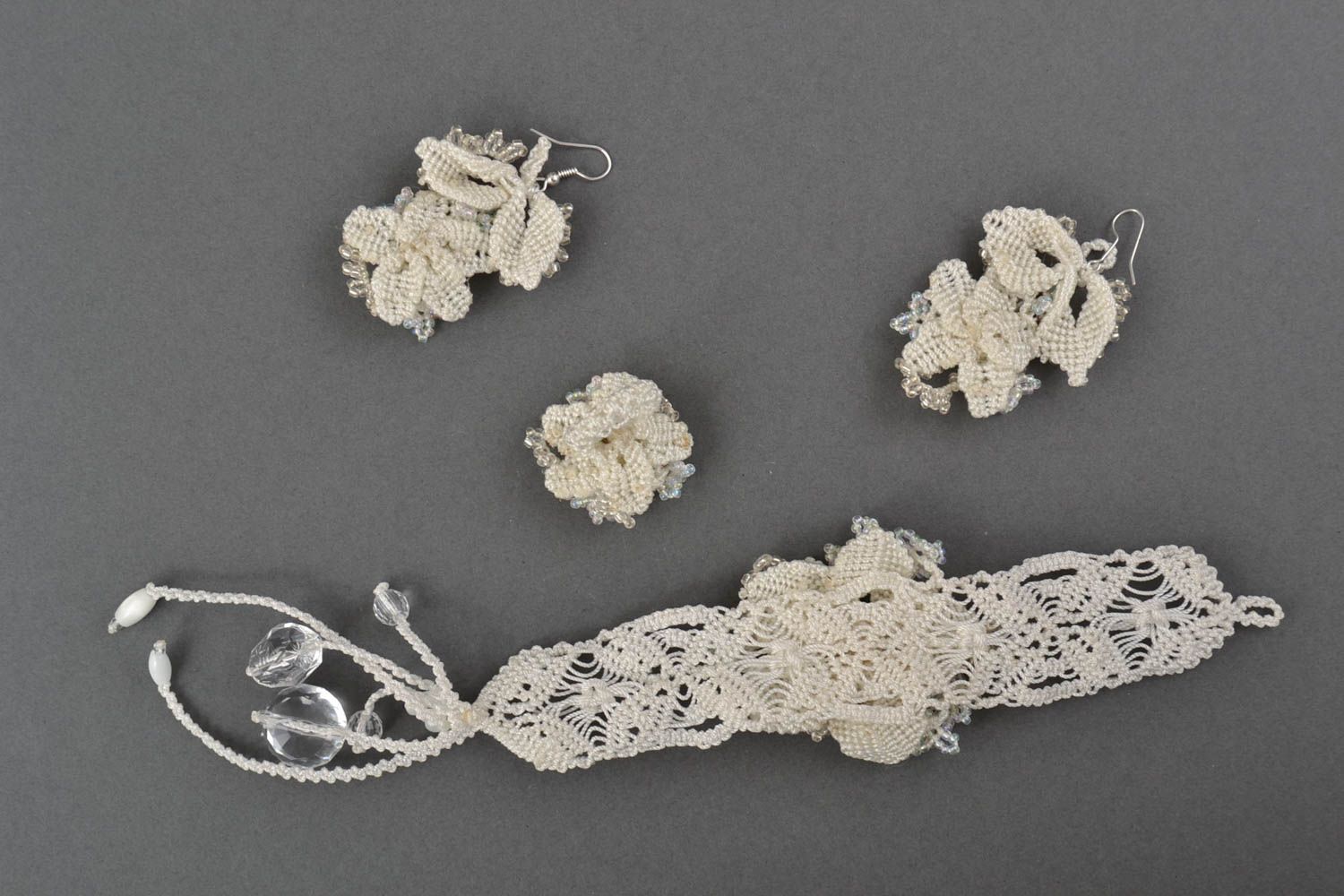 Handmade cool jewelry set woven lace earrings bracelet design beaded ring photo 2