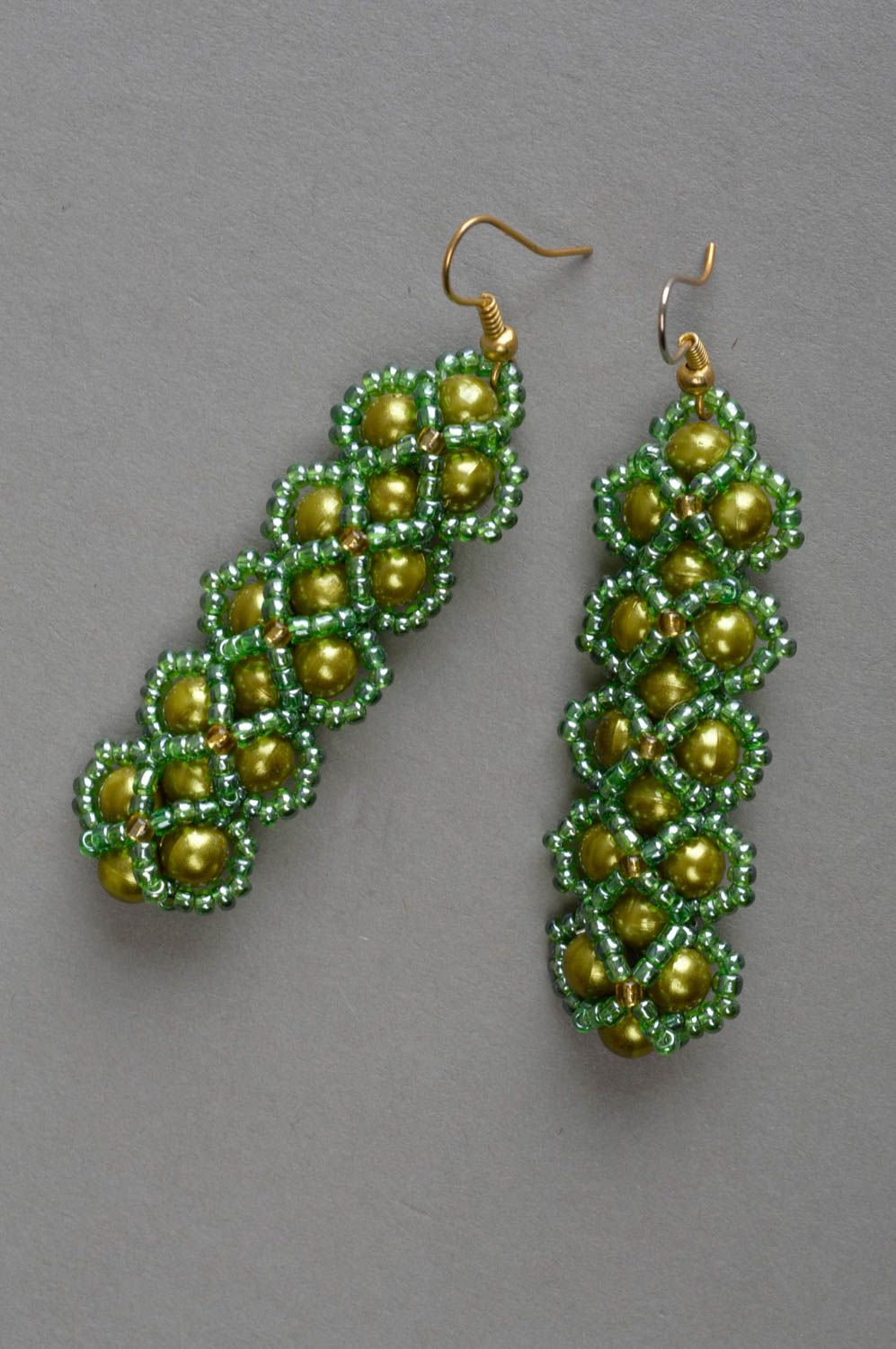 Handmade green dangling earrings beaded jewelry top gifts for women photo 2