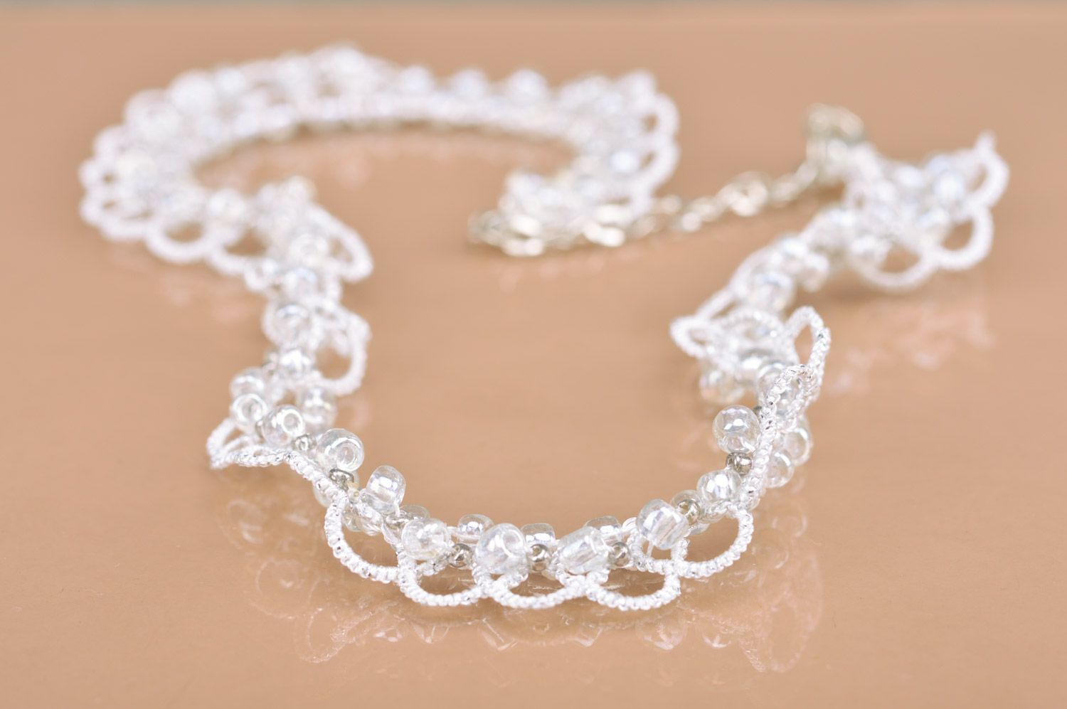 Handmade tender white tatted necklace woven of Czech beads and satin thread photo 3