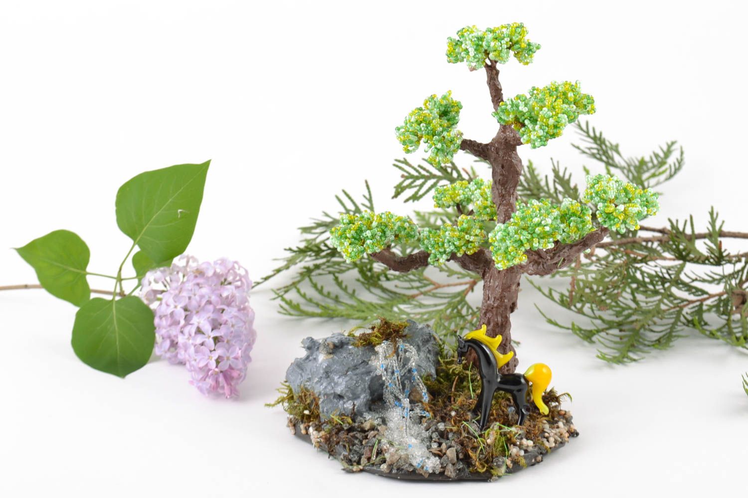 Handmade designer decorative beaded bonsai tree on stand with figurine of horse photo 1