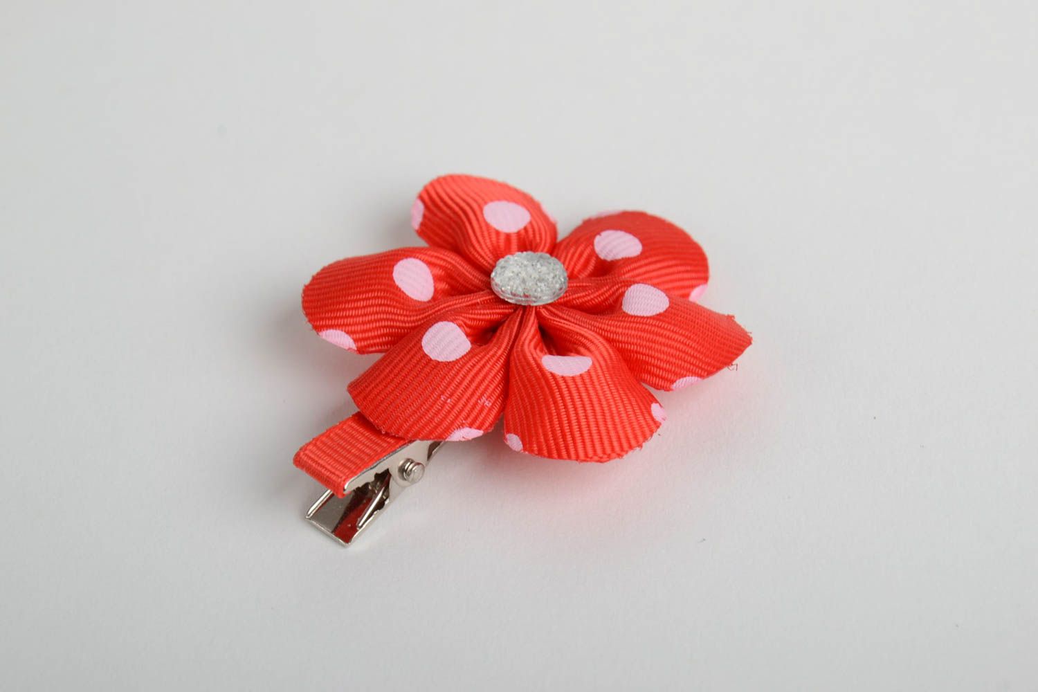 Designer homemade decorative hair clip with satin ribbon red kanzashi flower  photo 2