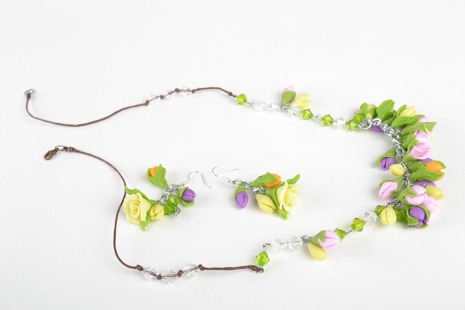 Handmade earrings and necklace with flowers designer floral bijouterie set photo 2