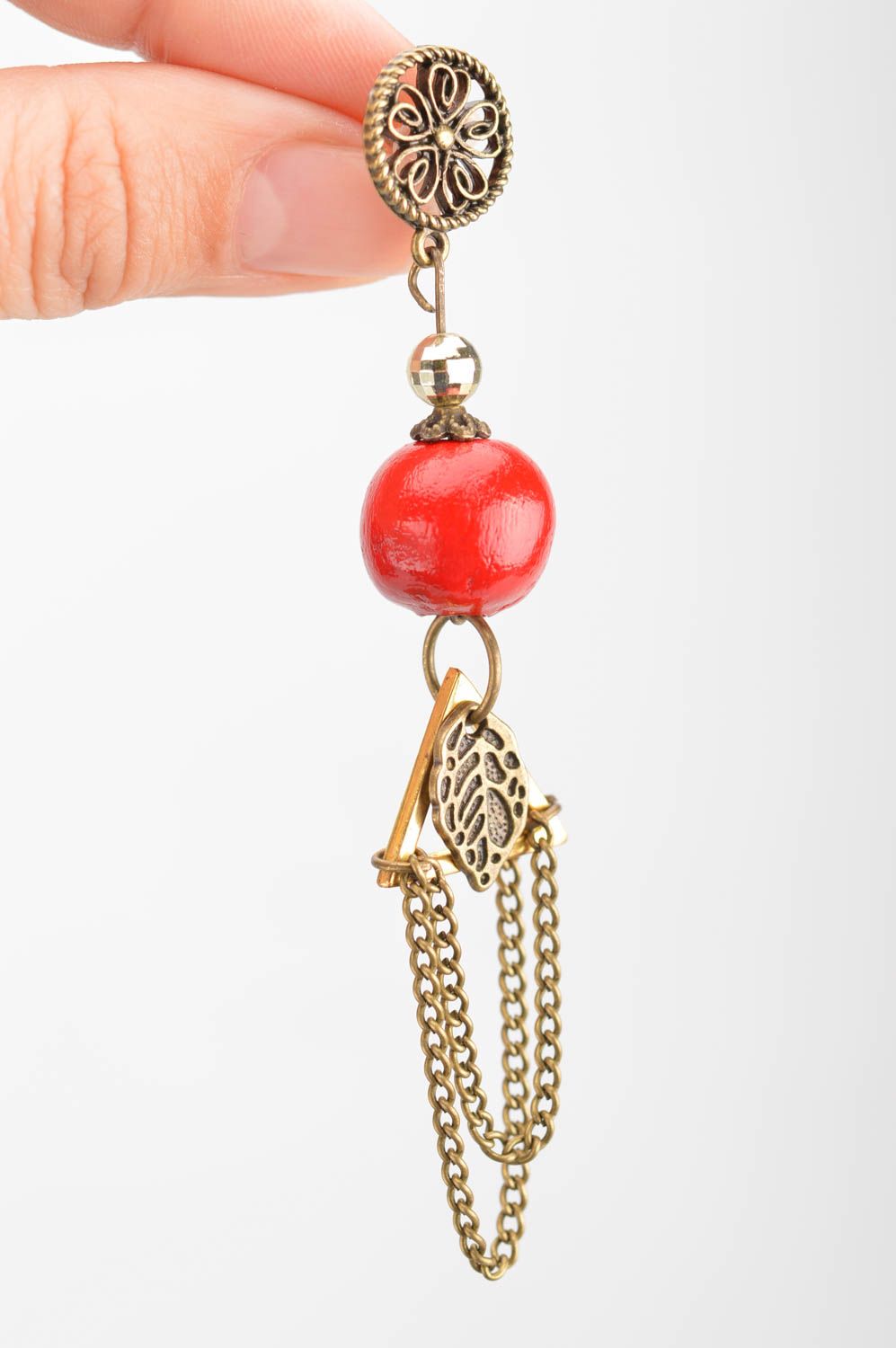 Lange schöne Metall Ohrringe mit Holz Perlen handmade Schmuck für Frauen foto 3