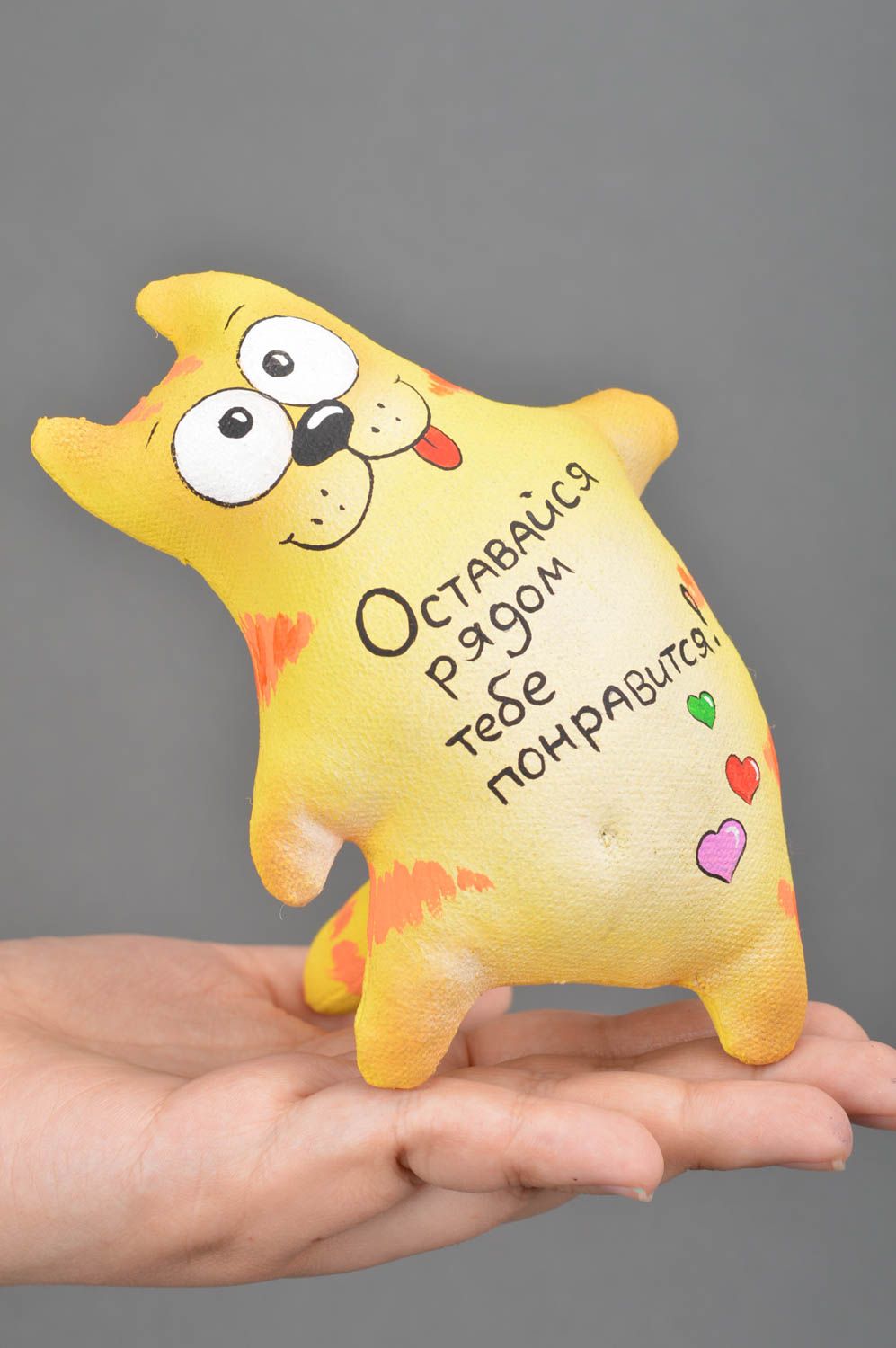 Homemade designer decorative soft toy sewn of painted cotton with lettering Cat photo 3