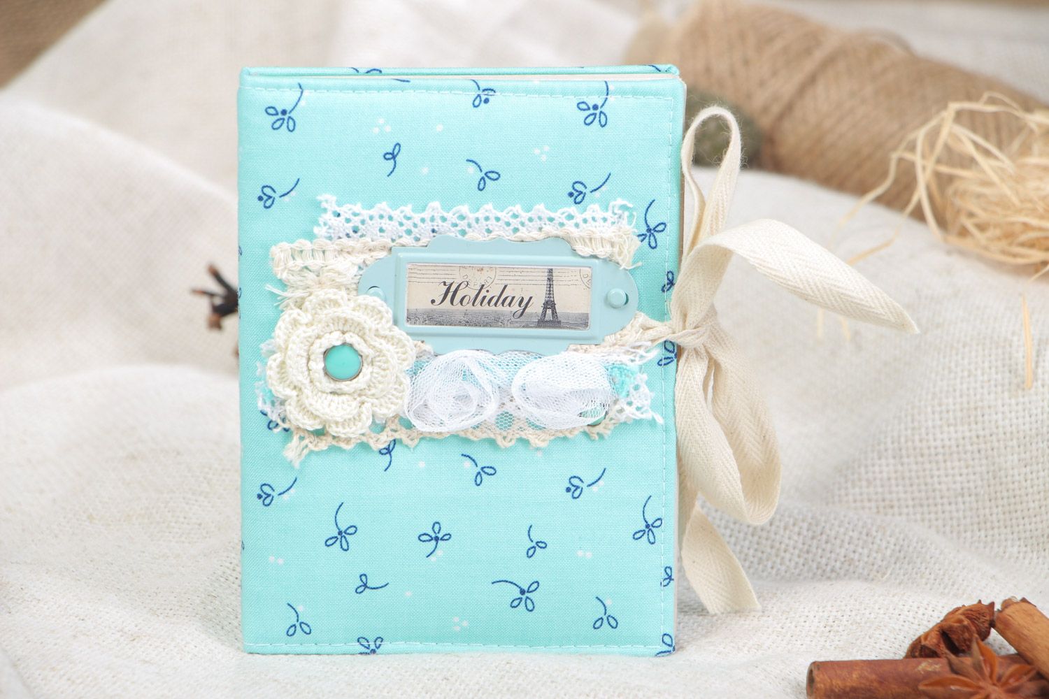 Handmade designer blue beautiful notepad with fabric cover and lace 80-sheet photo 1