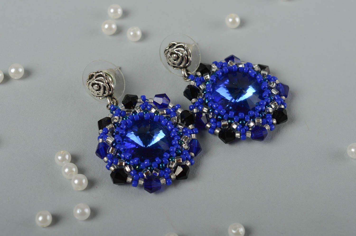 Boucles d'oreilles pendantes Bijou fait main bleu perles cristal Cadeau femme photo 1