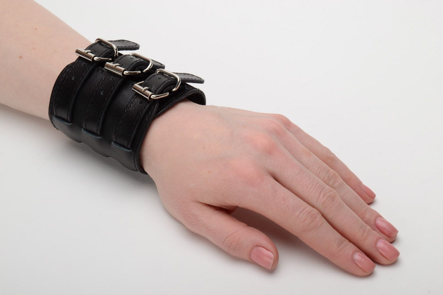 Wide handmade black genuine leather wrist bracelet with three buckles unisex photo 2