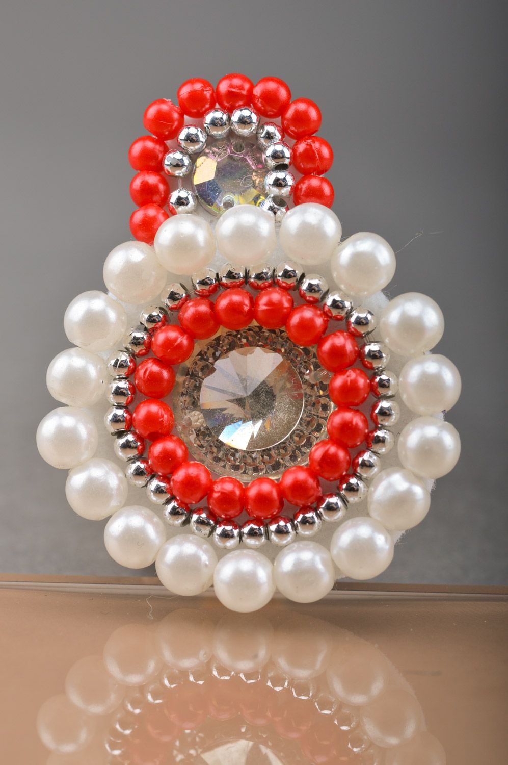 Festive handmade round stud earrings with beads in white and red colors photo 3