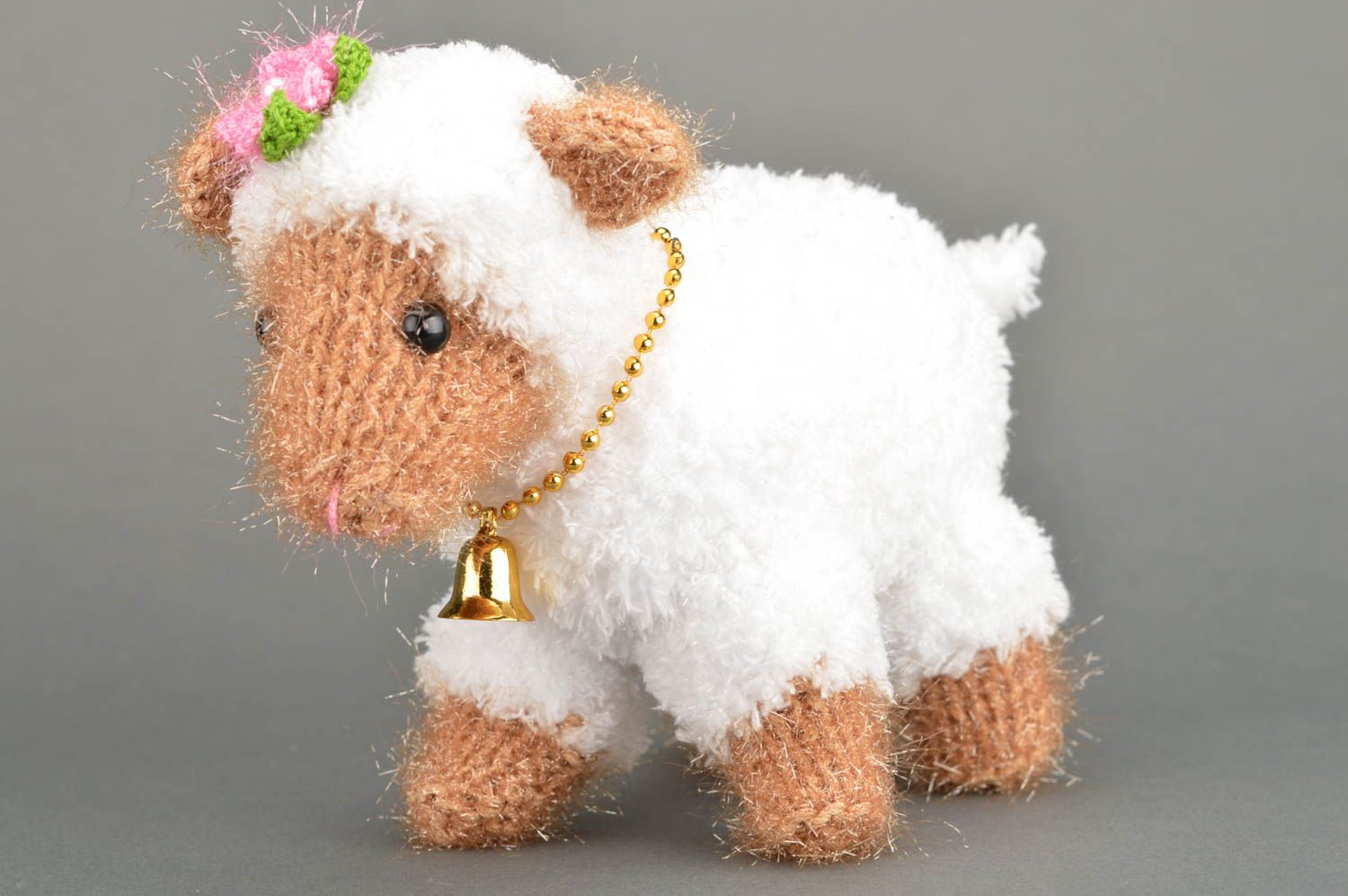 Soft crocheted toy white lamb with bell handmade designer nursery decor photo 2