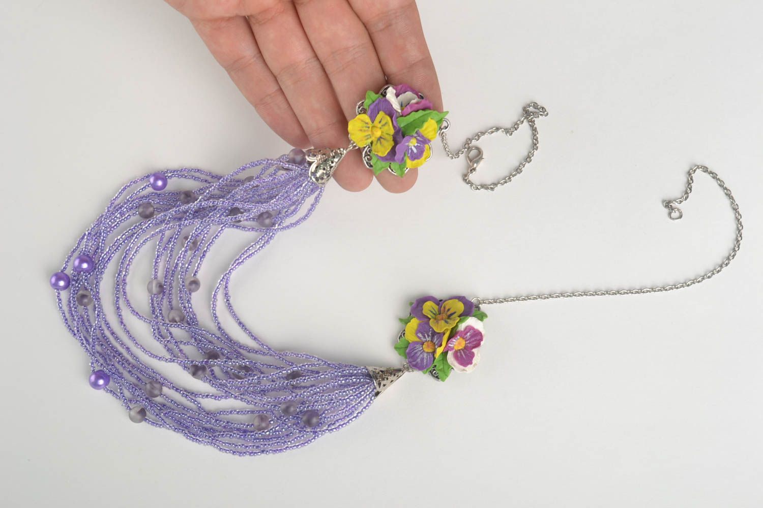 Handmade Blumen Collier Schmuck aus Rocailles Accessoire für Frauen lila foto 5