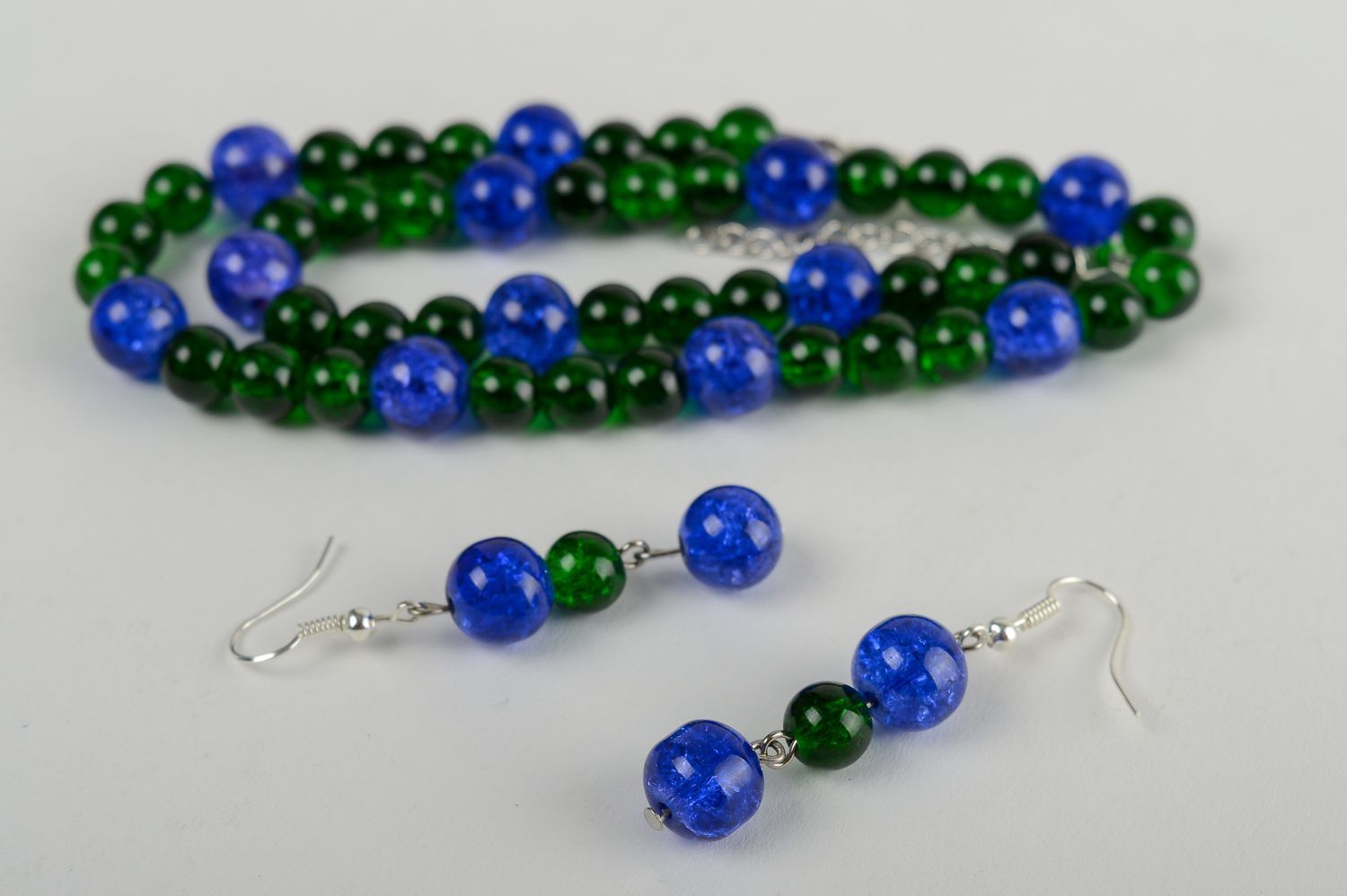 Parure de Bijoux perles verre fait main vert-bleu Collier et boucles d'oreilles photo 2