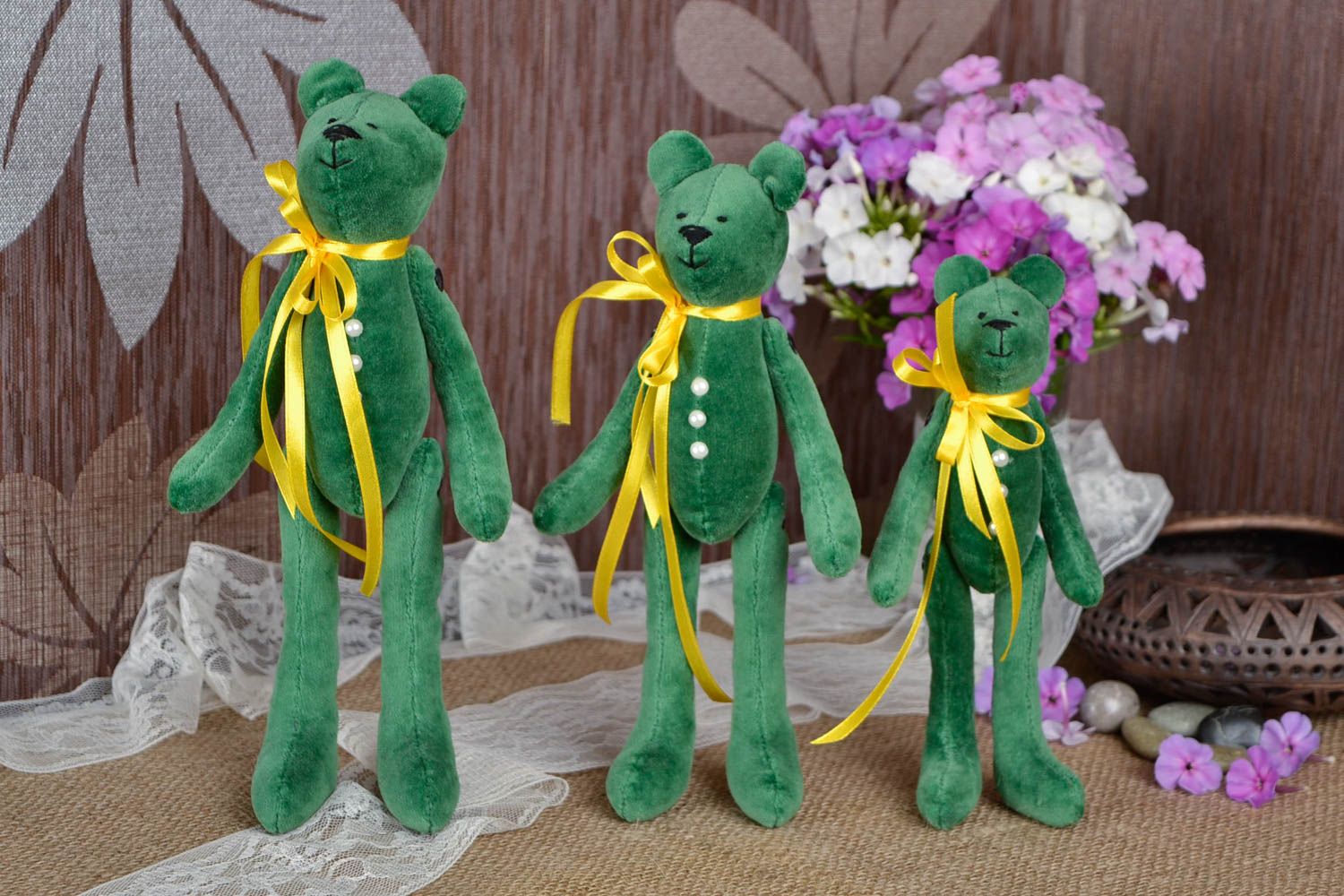 Peluches ours 3 Jouets enfant fait main en velours verts desing Cadeau original photo 1