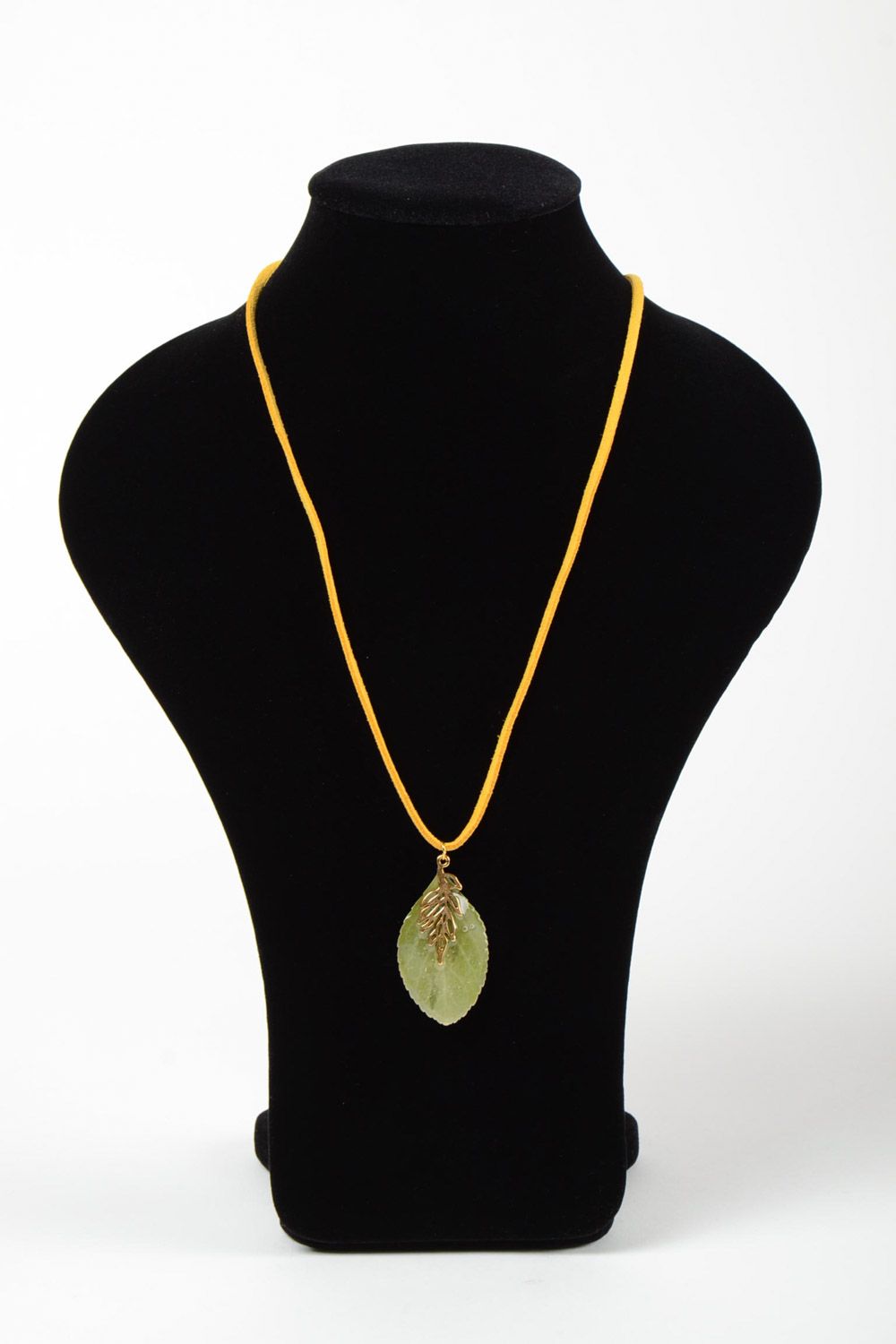 Handmade pendant with natural leaf in epoxy resin on bright suede cord photo 2