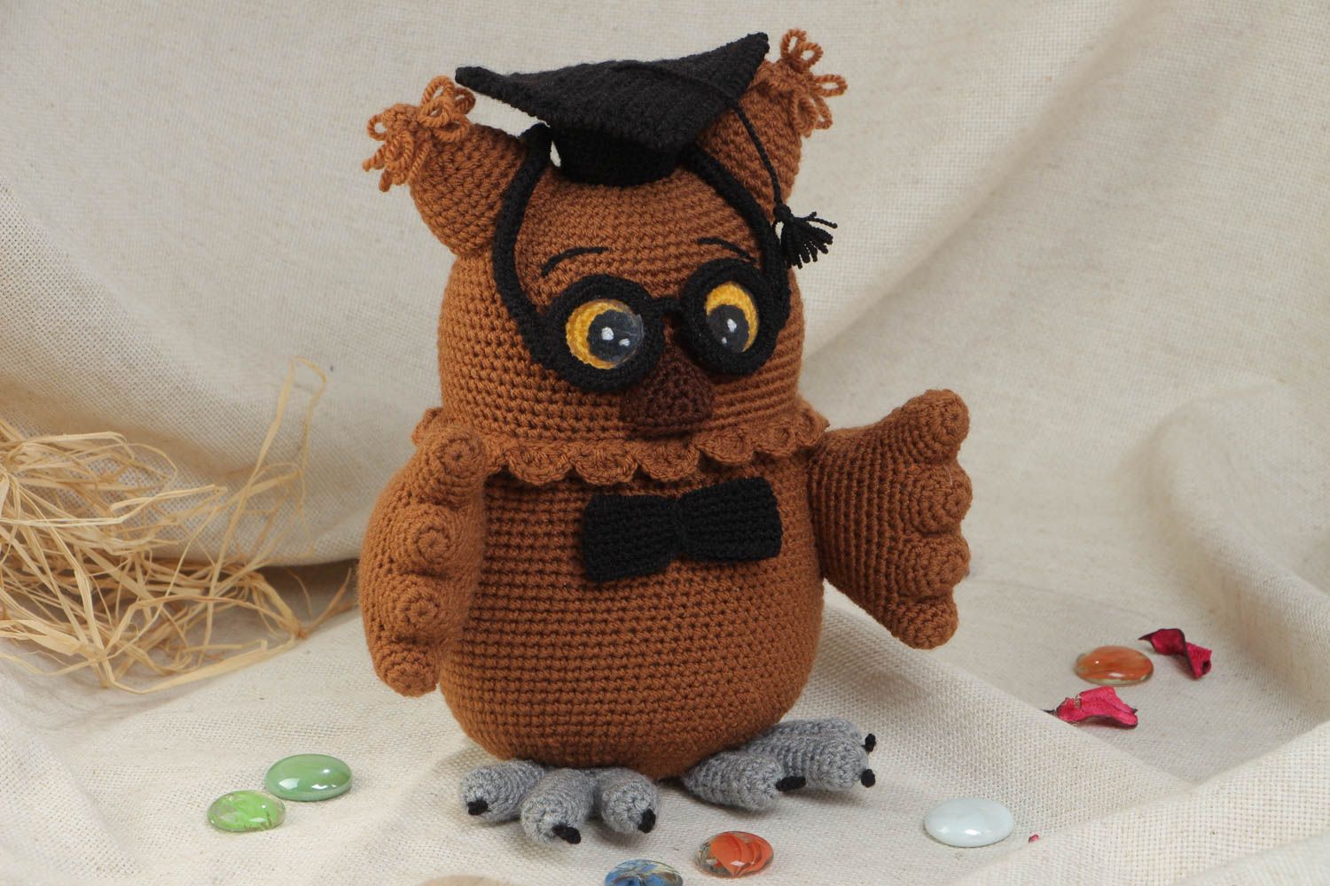 Handmade brown soft toy crocheted of acrylic threads Wise Owl photo 1