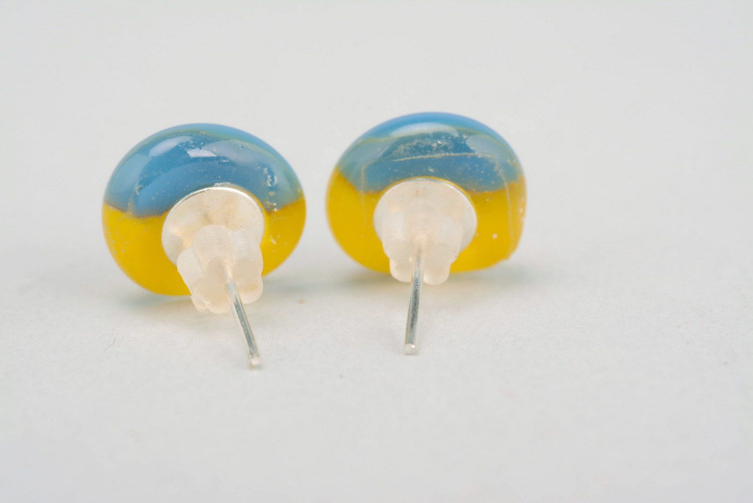 Fused glass stud earrings Ukrainian flag photo 3