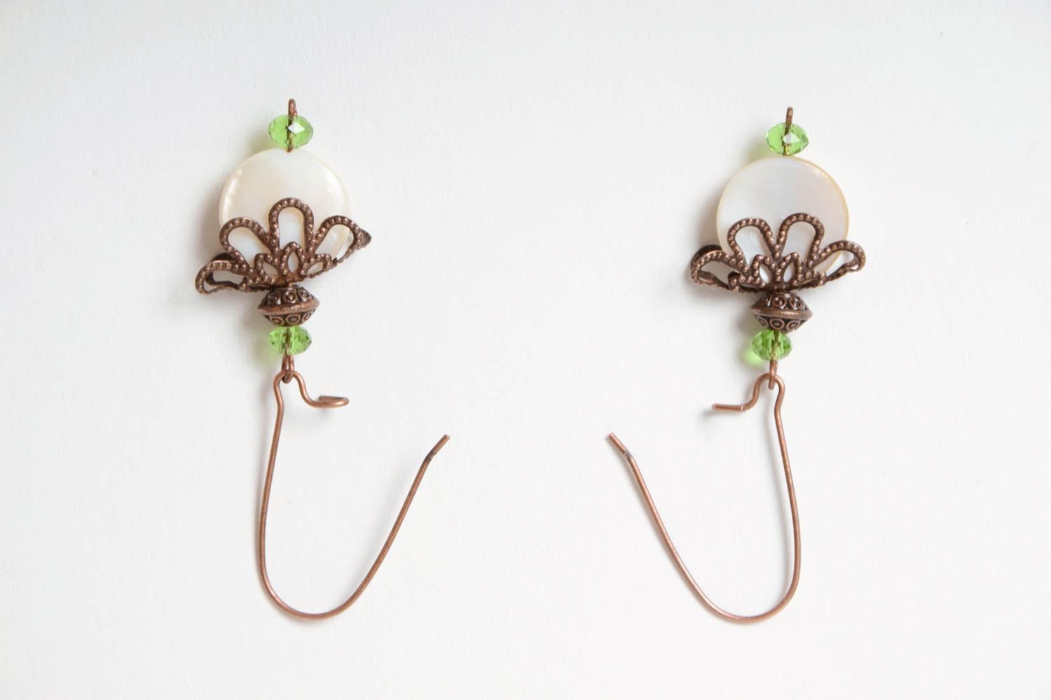 Unusual beautiful handmade wire wrap copper earrings with quartz photo 5