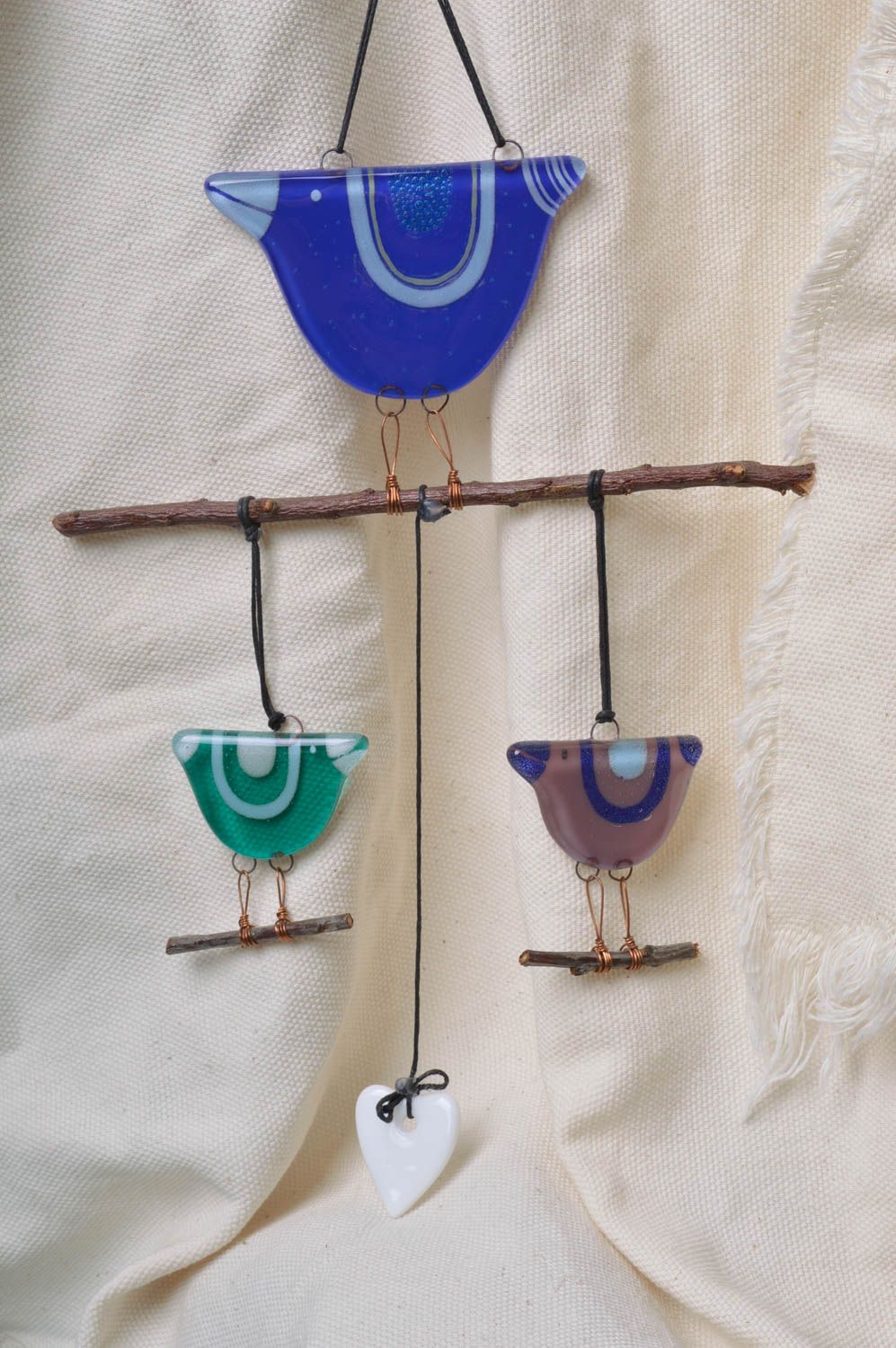 Handmade decorative fused glass wall hanging with blue birds and white heart photo 1