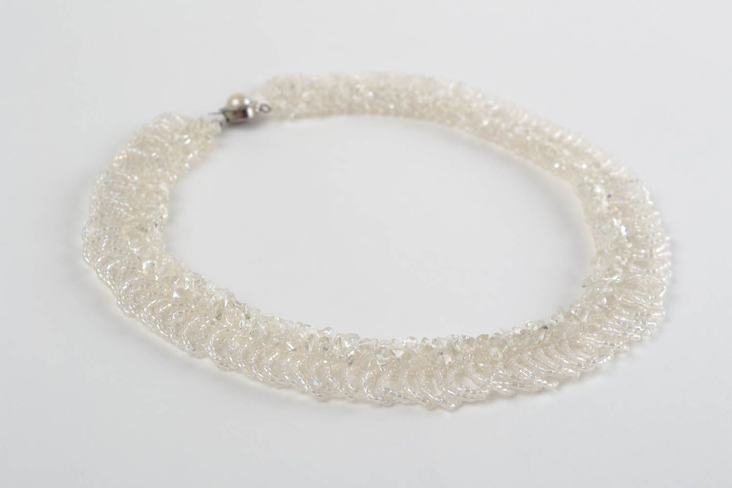Unusual handmade designer white necklace woven of Czech beads   photo 3