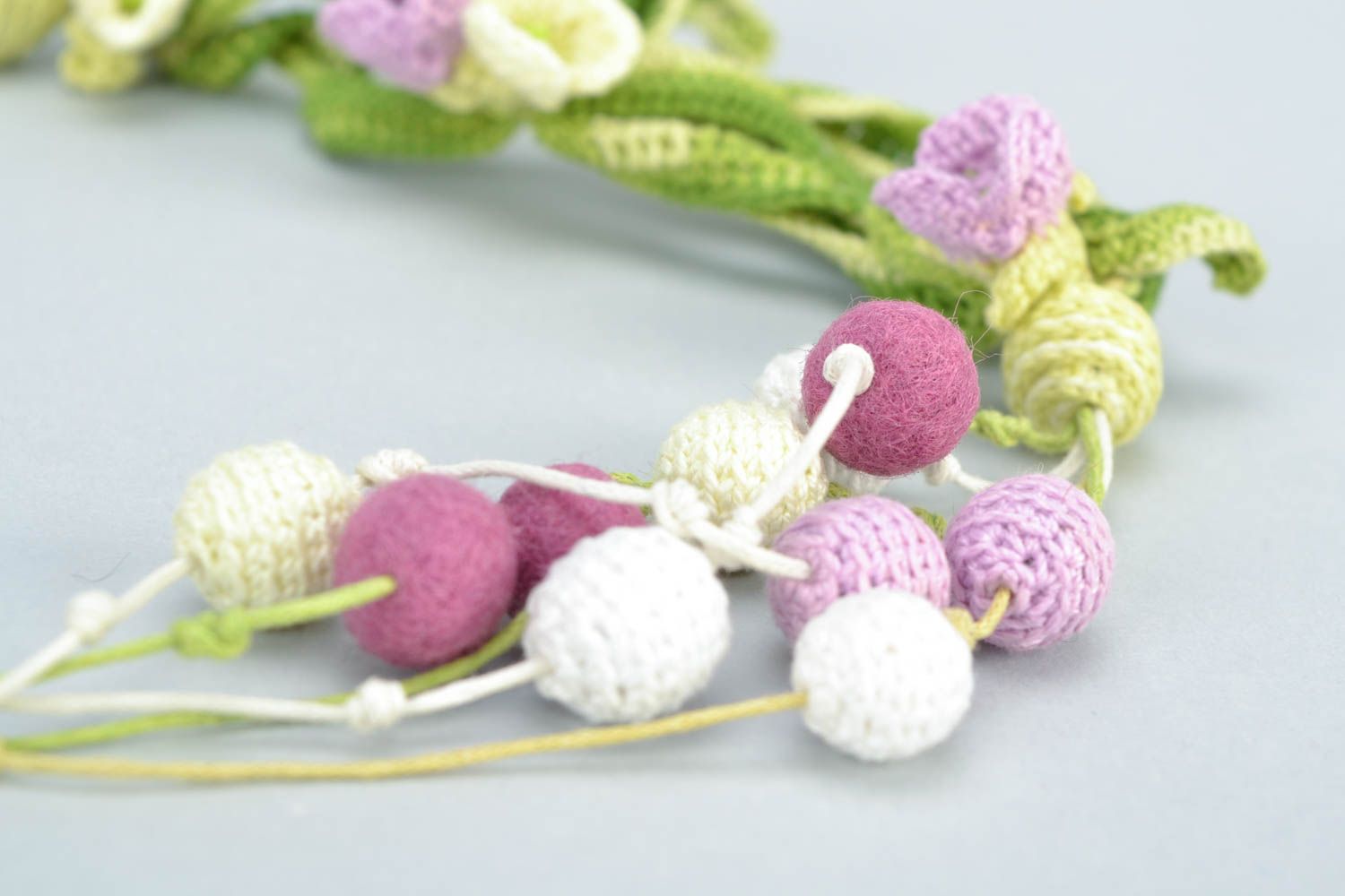 Unusual beautiful handmade crochet soft ball necklace with flowers photo 4