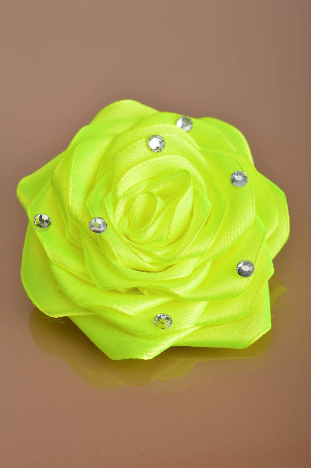 Handmade designer decorative hair tie with bright neon satin ribbon flower photo 2