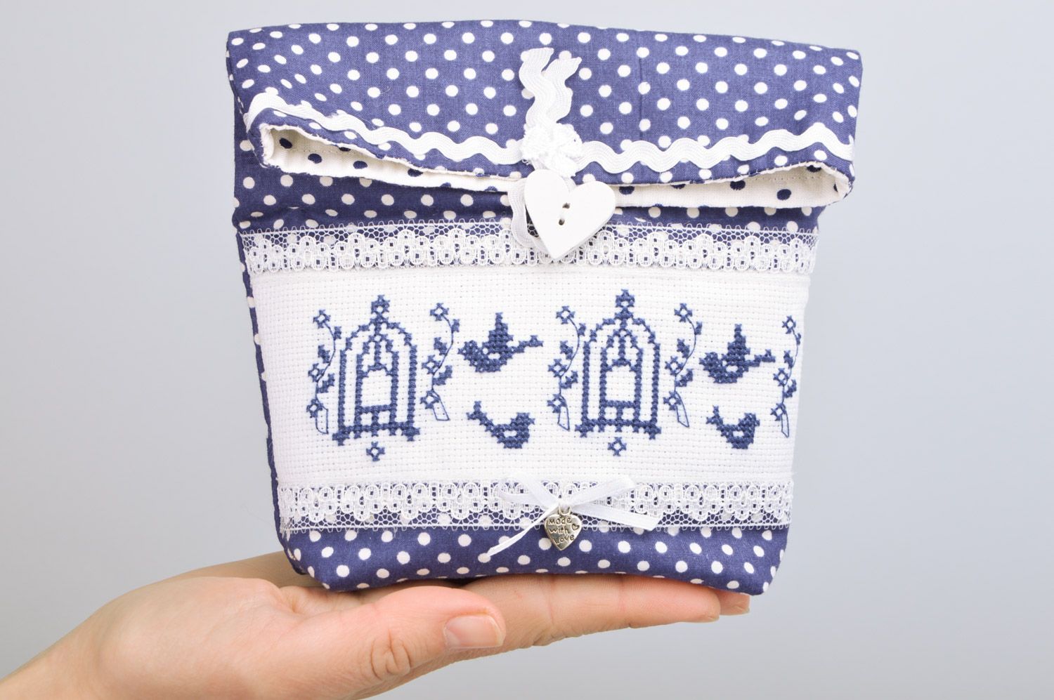 Cute handmade cosmetics bag sewn of blue polka dot cotton fabric with embroidery photo 3