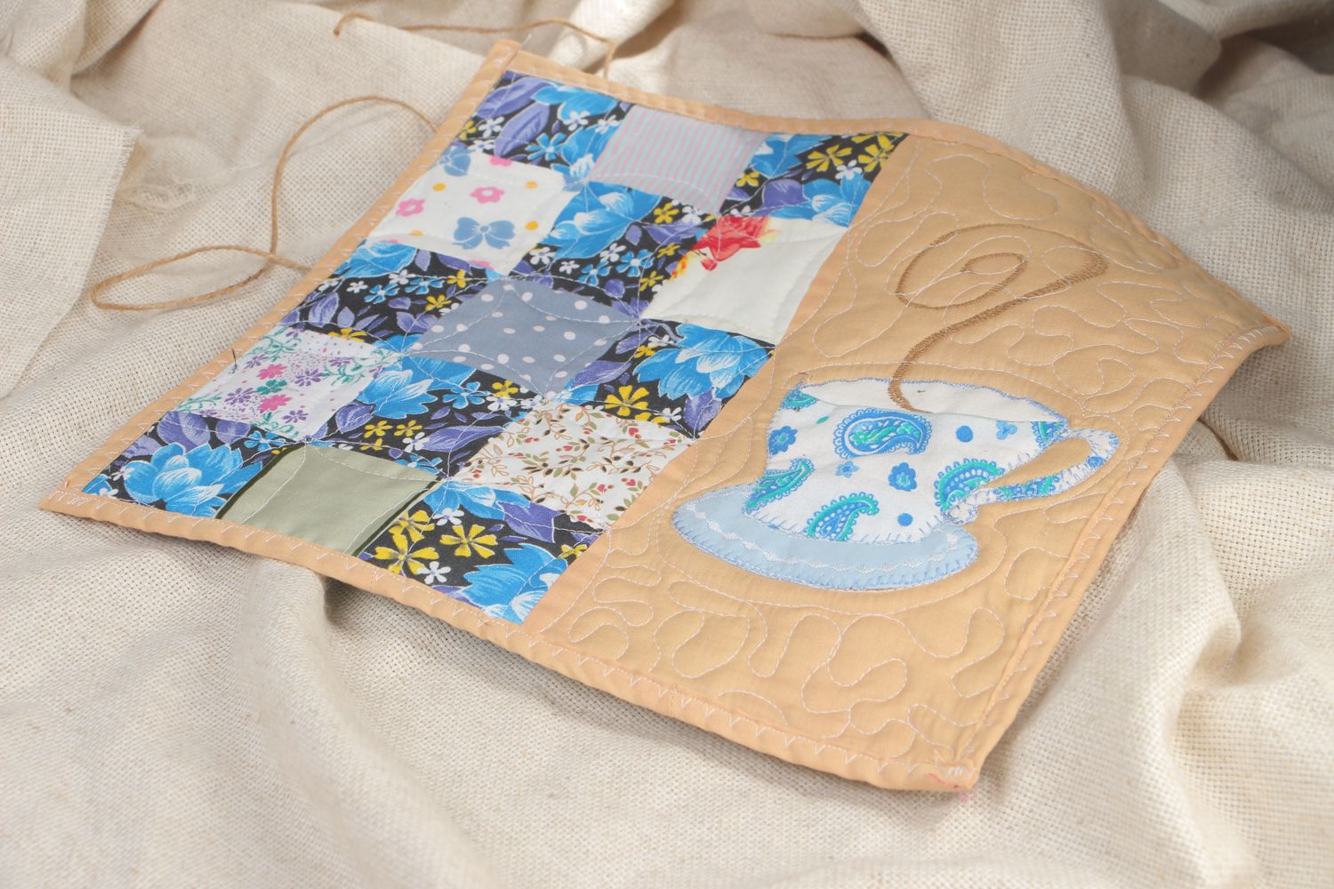 Napperon de table en patchwork fait main bleu beige en coton décoration de table photo 5