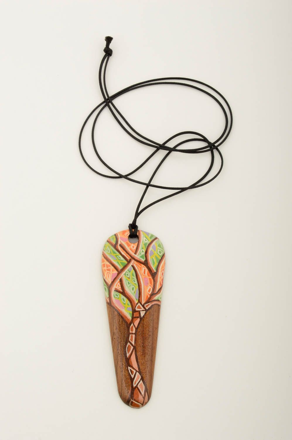 Pendentif bois Bijou fait main grand peint multicolore bel Accessoire femme photo 3
