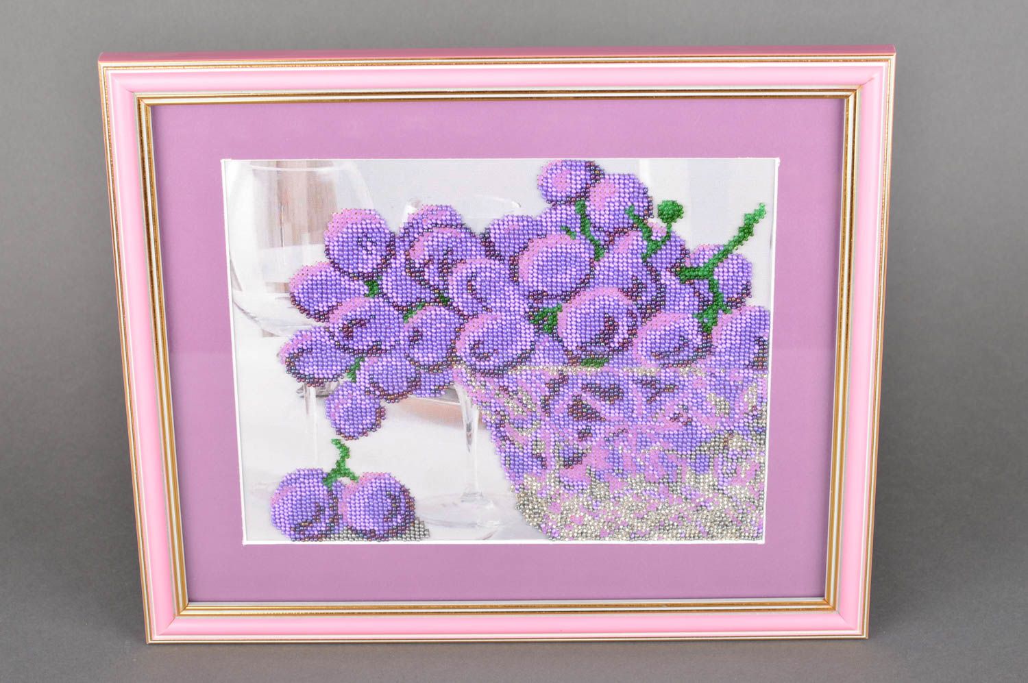 Handmade designer picture embroidered with beads in frame under glass Grapes photo 2