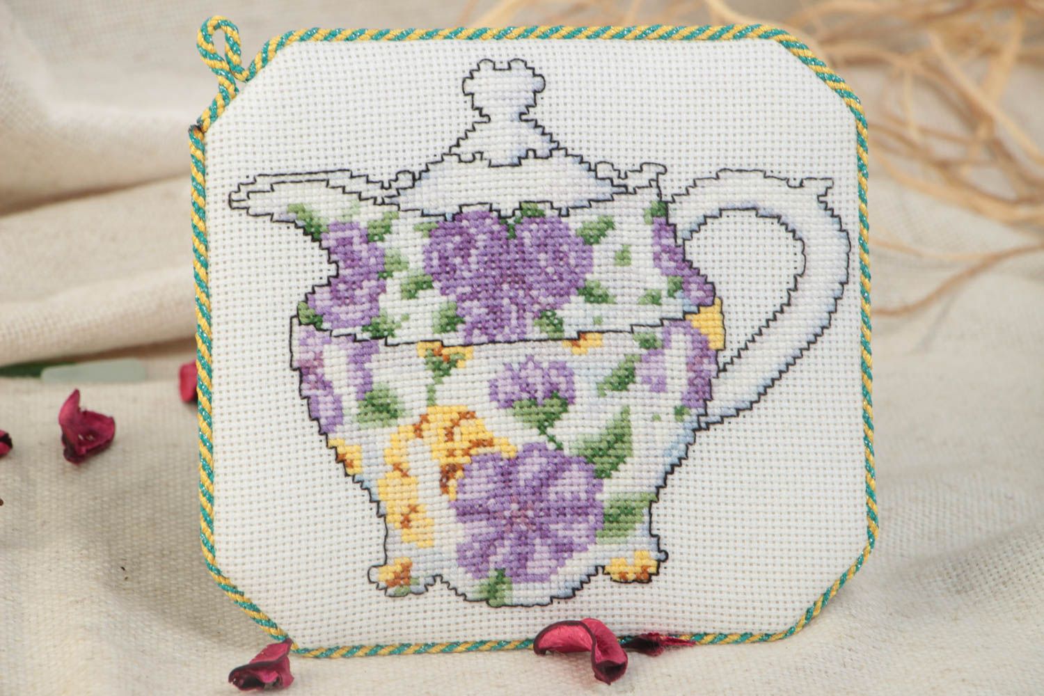 Handmade designer soft fabric coaster for drinks with cross stitch embroidery  photo 1