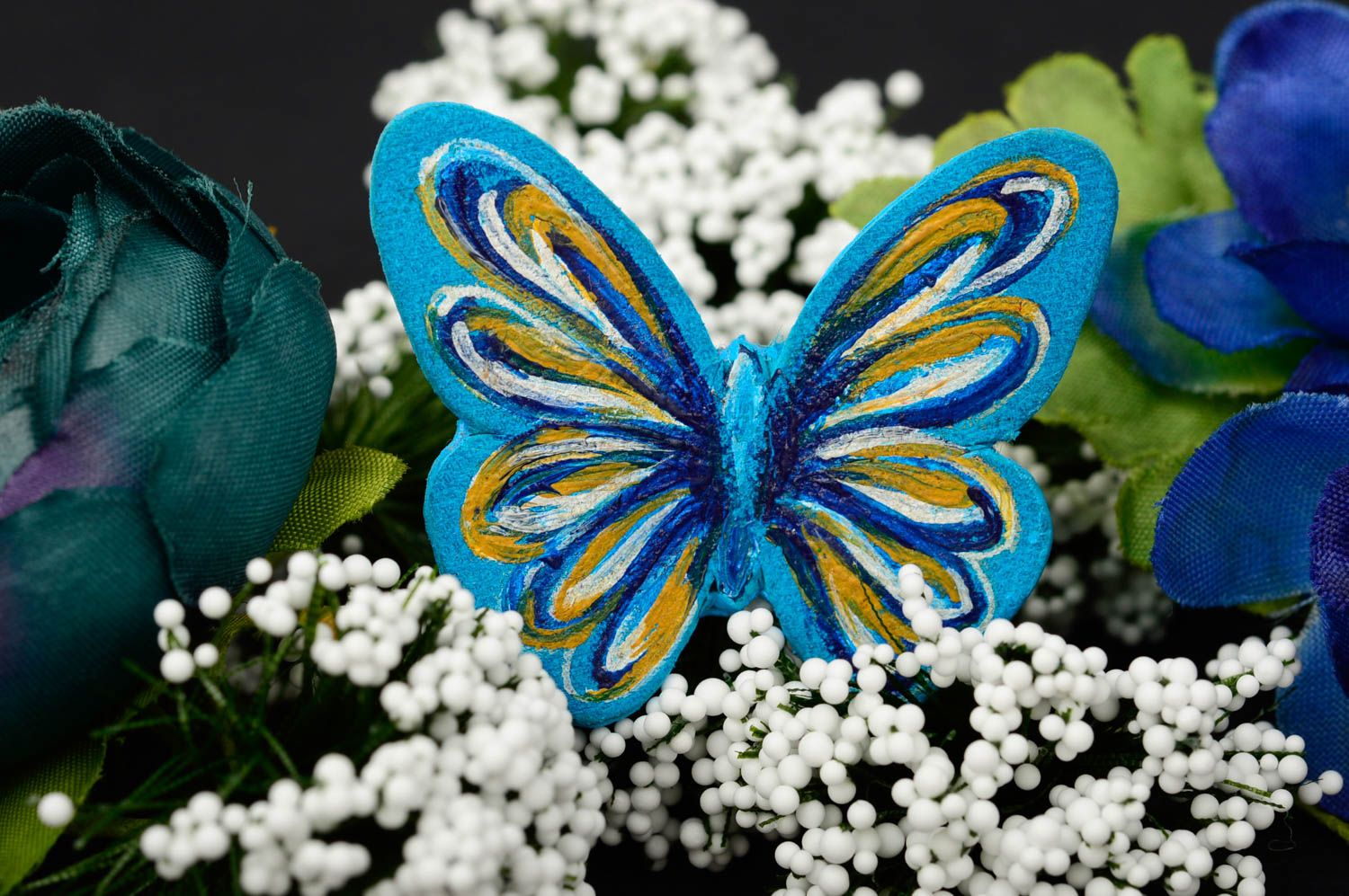 Bague fantaisie fait main Bijoux femme cuir papillon bleu ciel Cadeau original photo 1