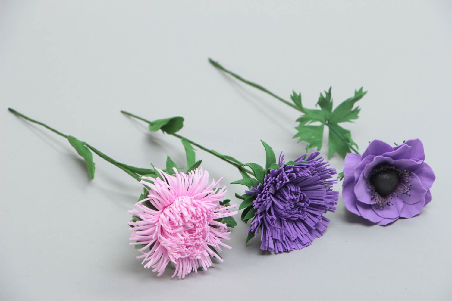 Bouquet of handmade artificial foamiran violet and pink poppy and aster flowers  photo 2