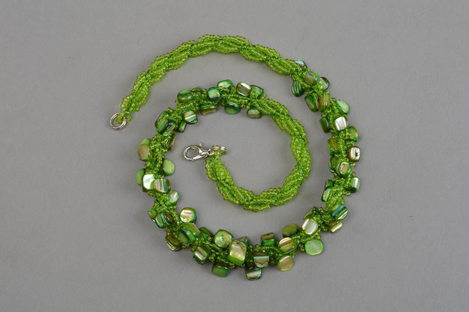 Green necklace with mother of pearl and handmade beaded designer accessory photo 2