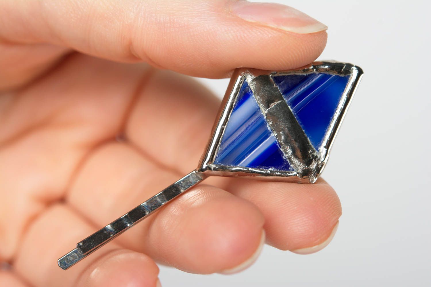 Handmade designer decorative metal hair pin with blue glass festive beautiful photo 3
