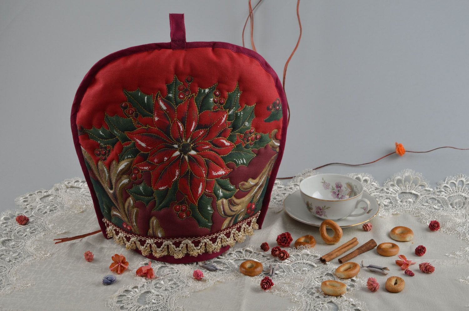 Beautiful handmade teapot cozy with Christmas motives sewn of cotton fabric  photo 3