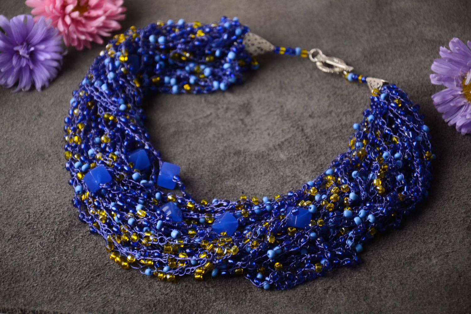 Handmade stylish beaded necklace unusual elegant necklace blue jewelry photo 1