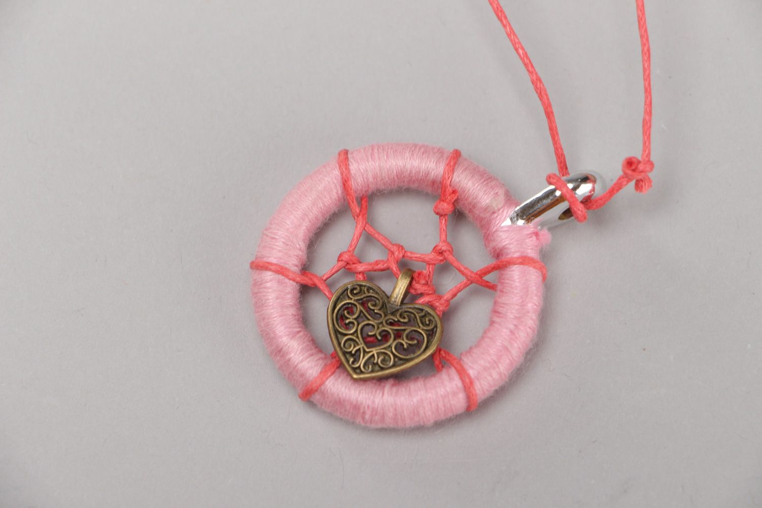 Small pink dreamcatcher pendant necklace with a charm on cord for women photo 2