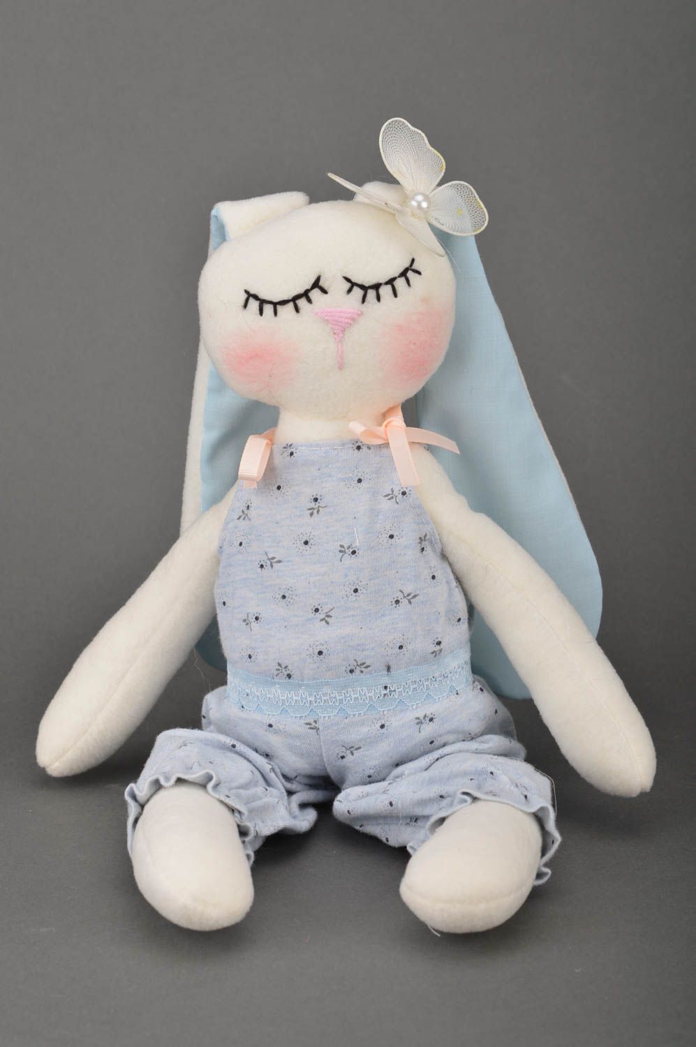 Handmade designer cotton fabric soft toy tender rabbit in blue overall photo 2