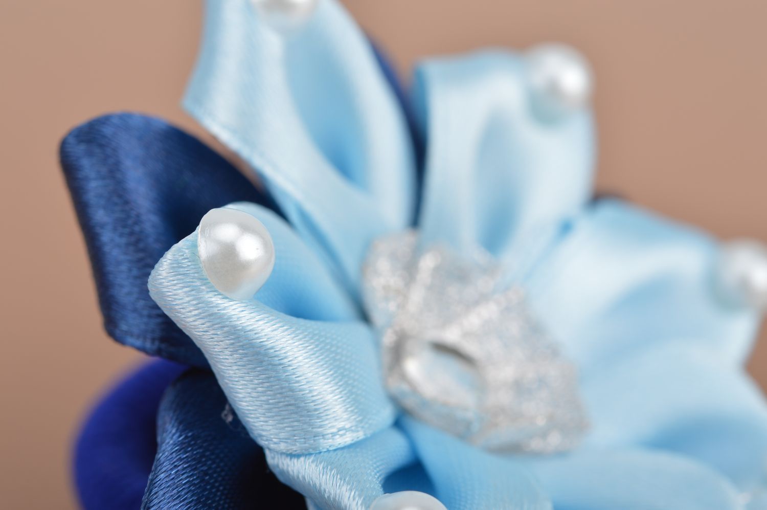 Children's handmade kanzashi scrunchies made of blue ribbons set of 2 pieces  photo 4