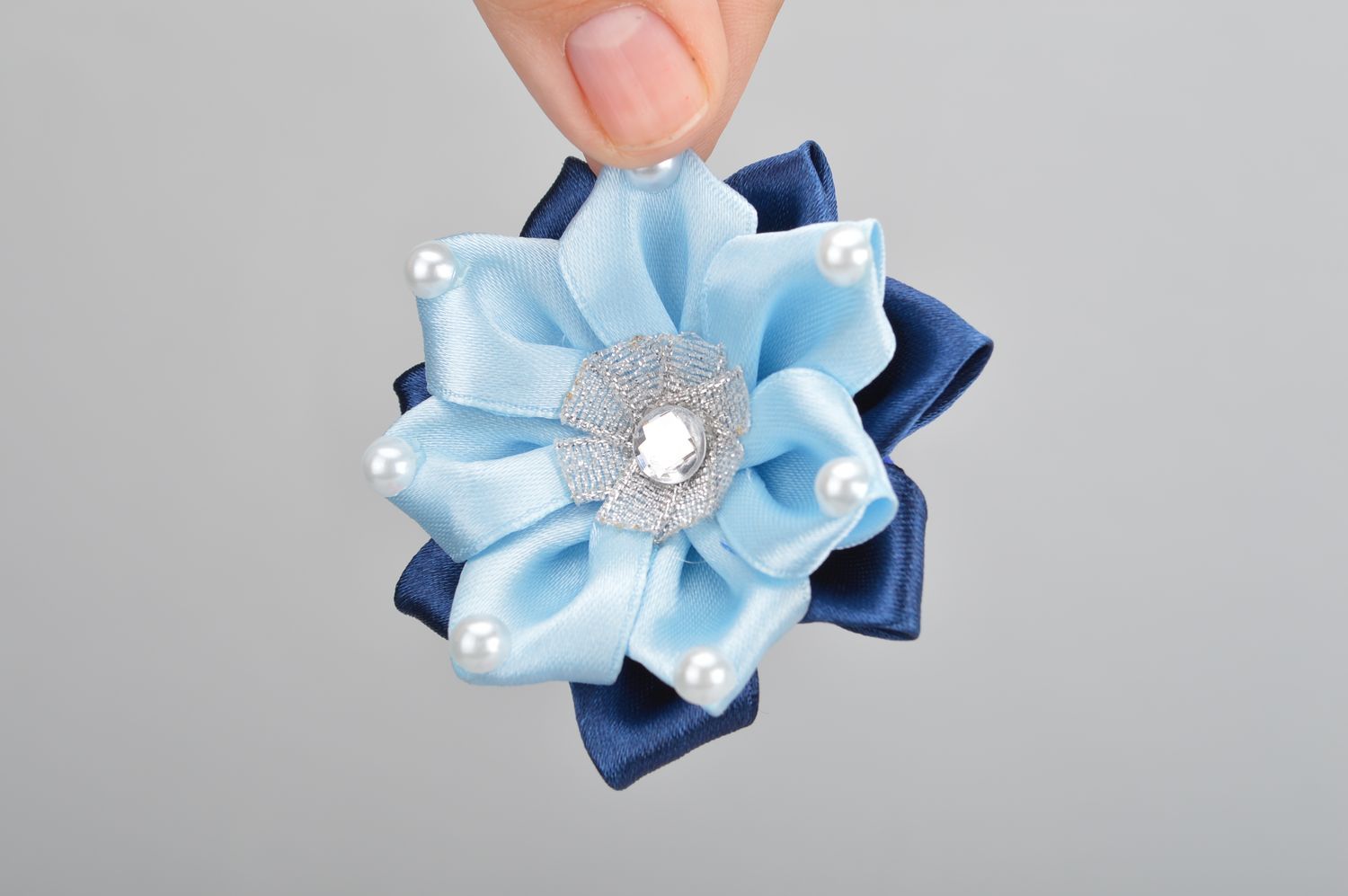 Children's handmade kanzashi scrunchies made of blue ribbons set of 2 pieces  photo 3