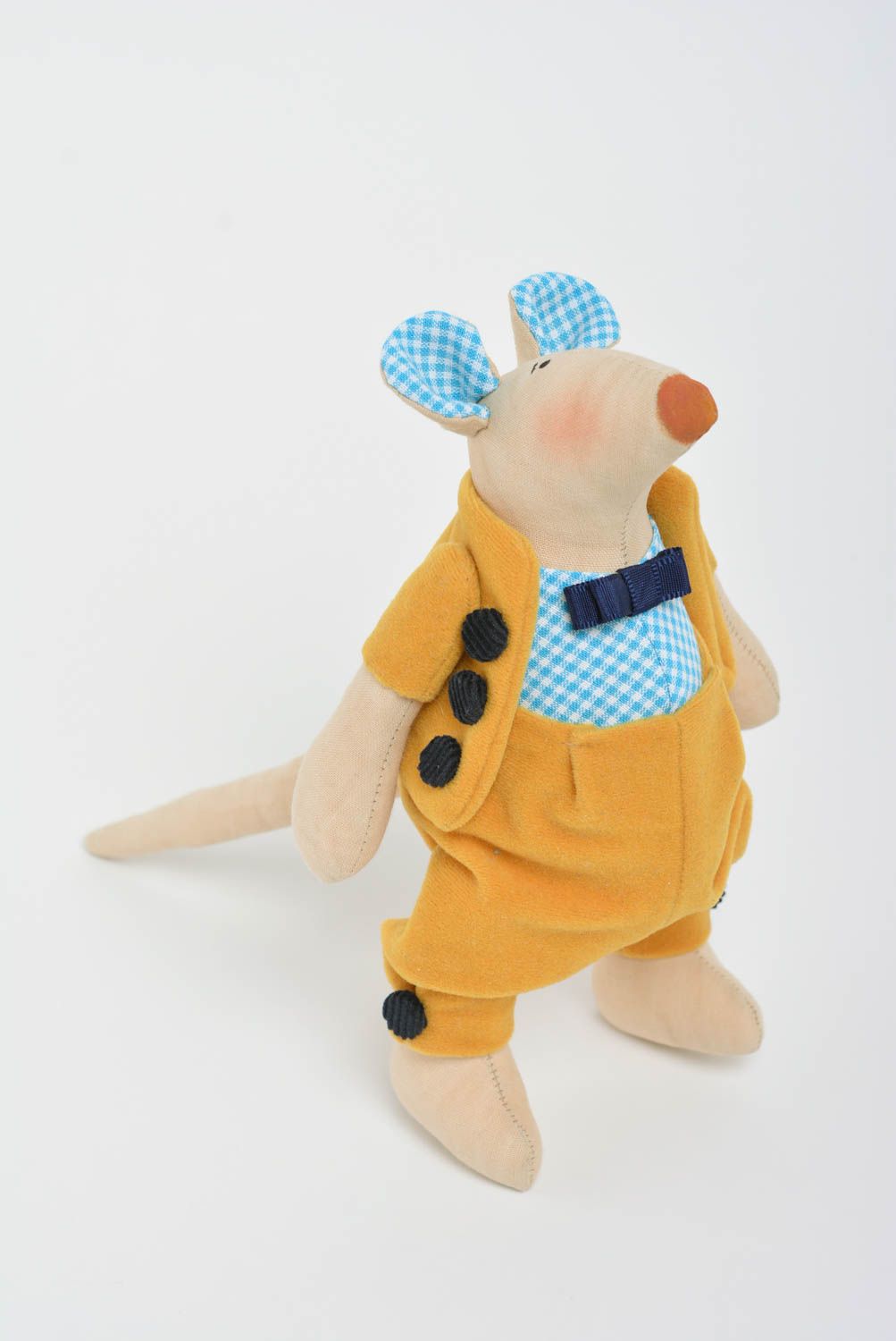 Bright handmade children's fabric soft toy Rat in yellow suit for kids and decor photo 2