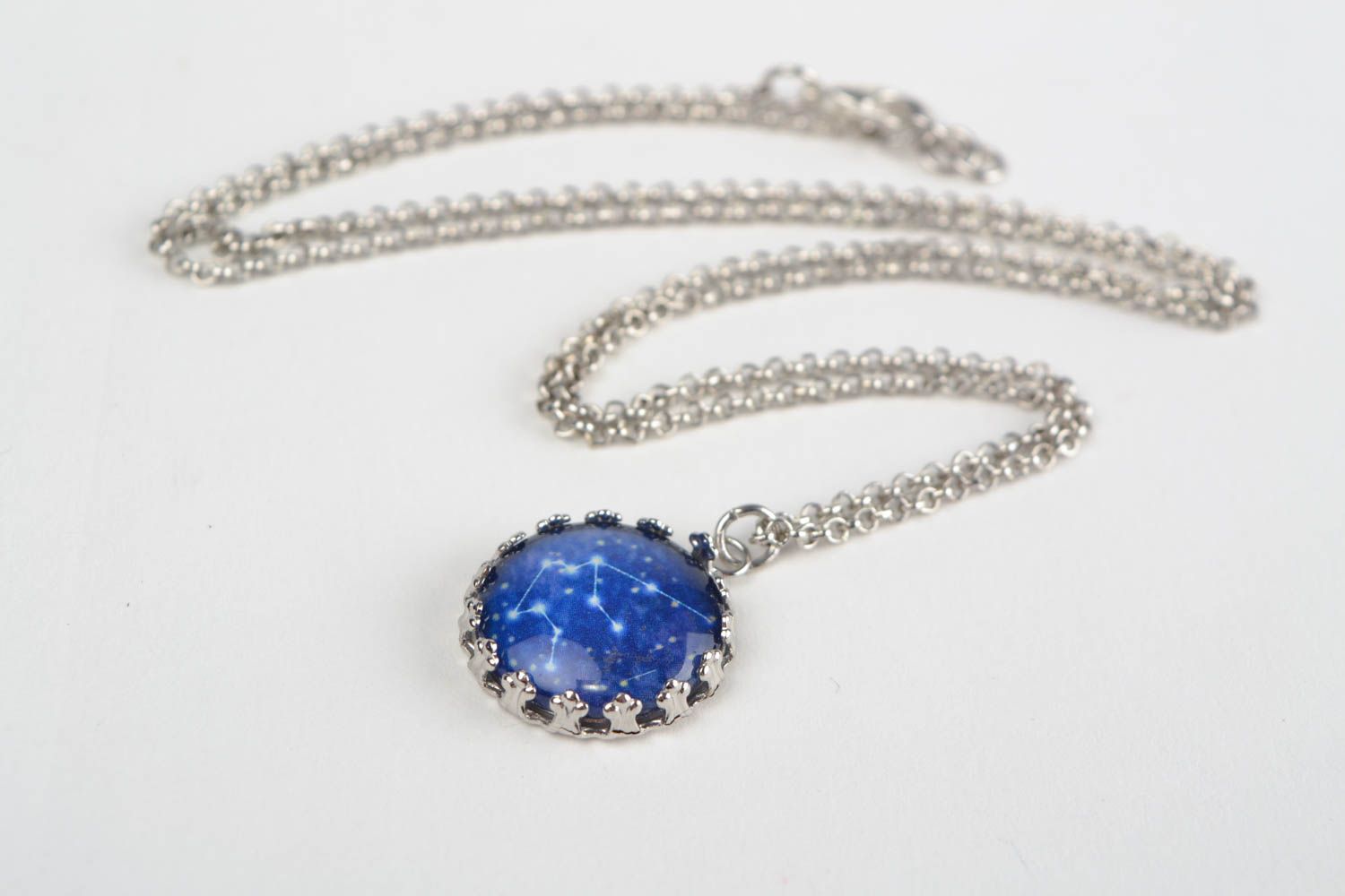 Handmade designer round glass pendant with Aquarius constellation on long chain photo 1