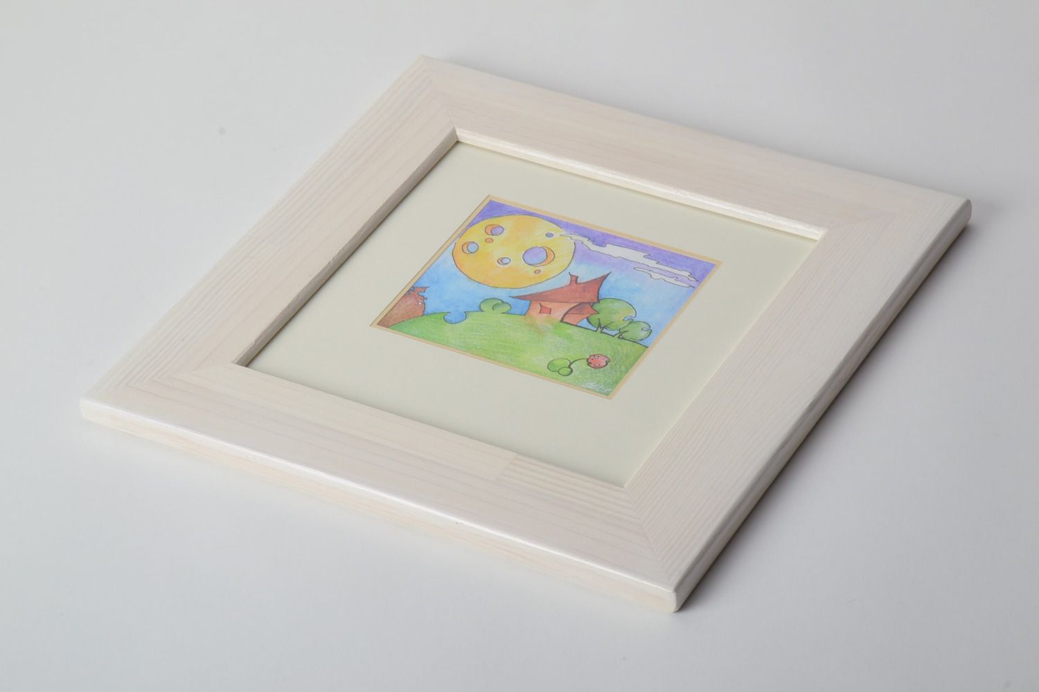 Tableau paysage aux crayons aquarellables carré fait main cadre blanc en bois photo 3