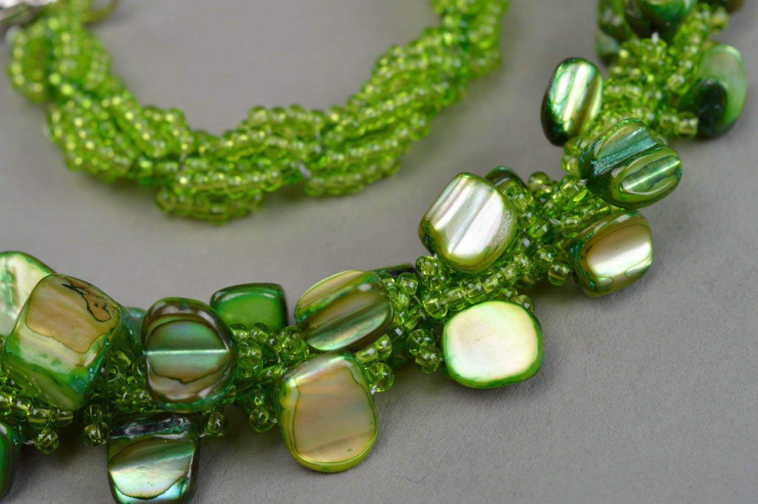 Green necklace with mother of pearl and handmade beaded designer accessory photo 5