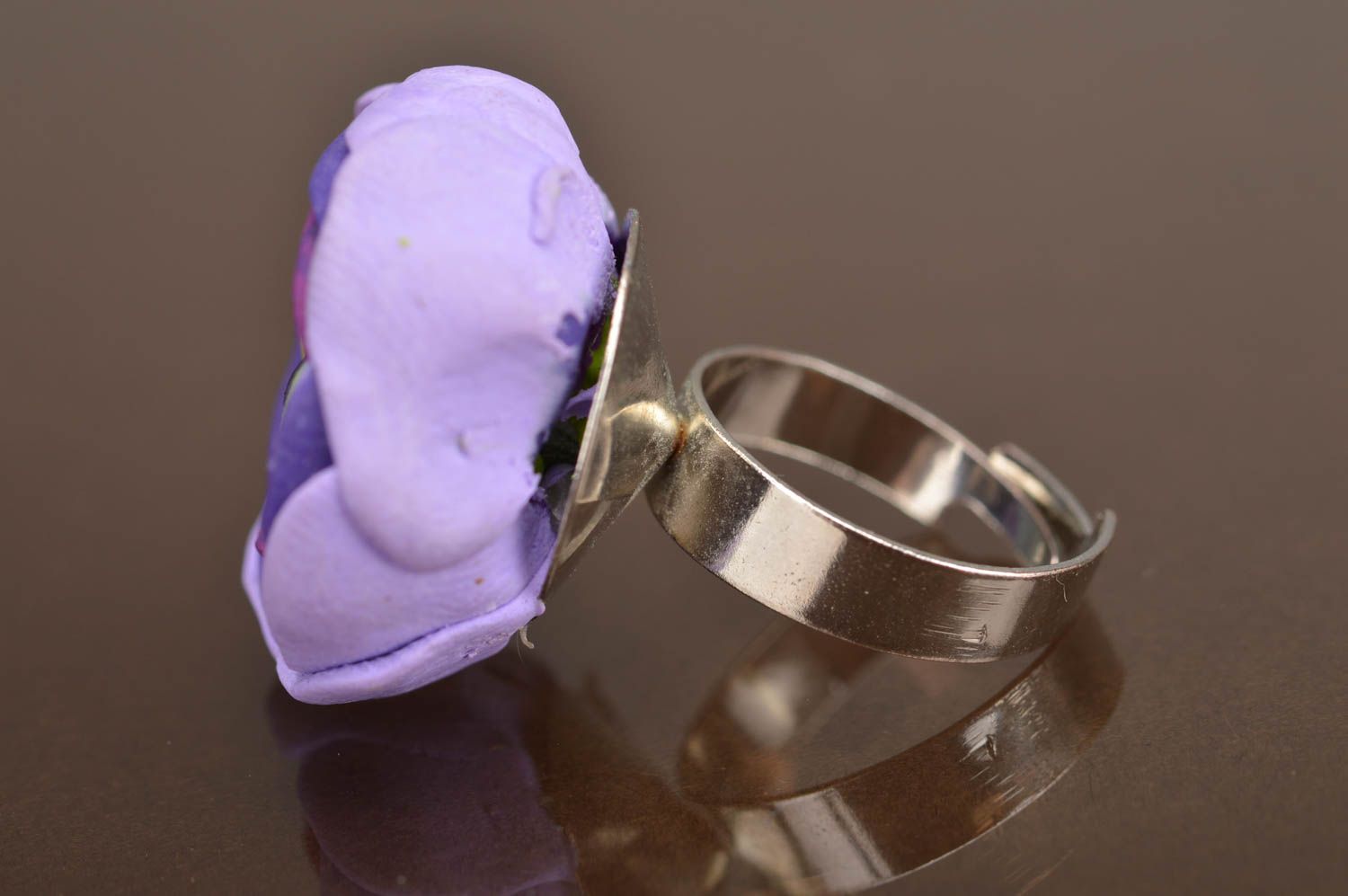 Purple flower ring made of polymer clay unusual handmade summer accessory photo 4