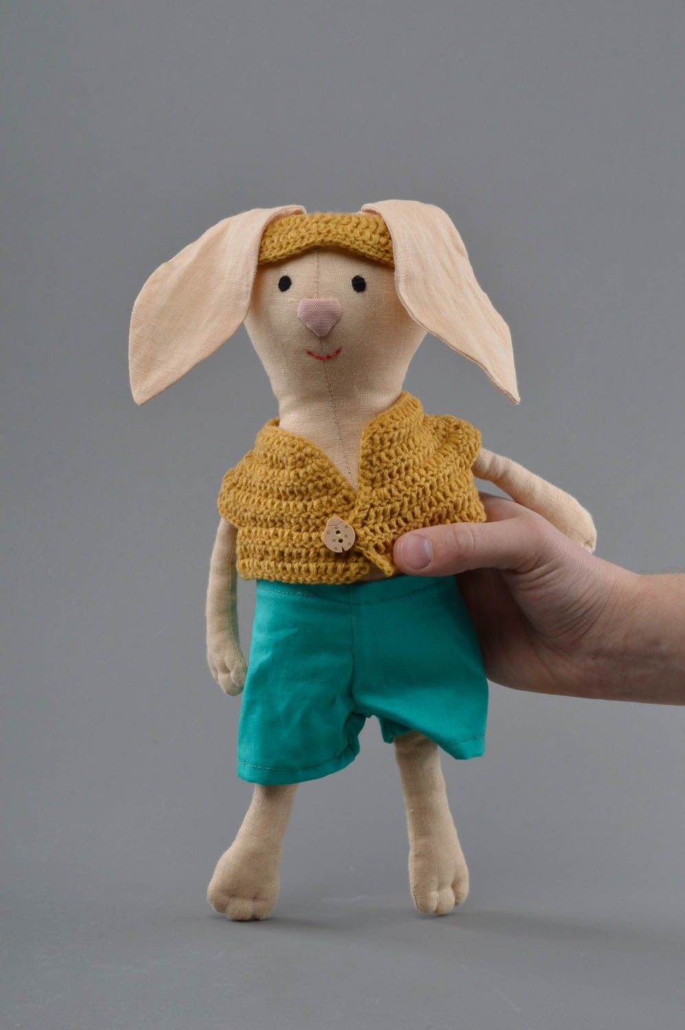 Children's handmade textile linen soft toy Hare in shorts photo 4