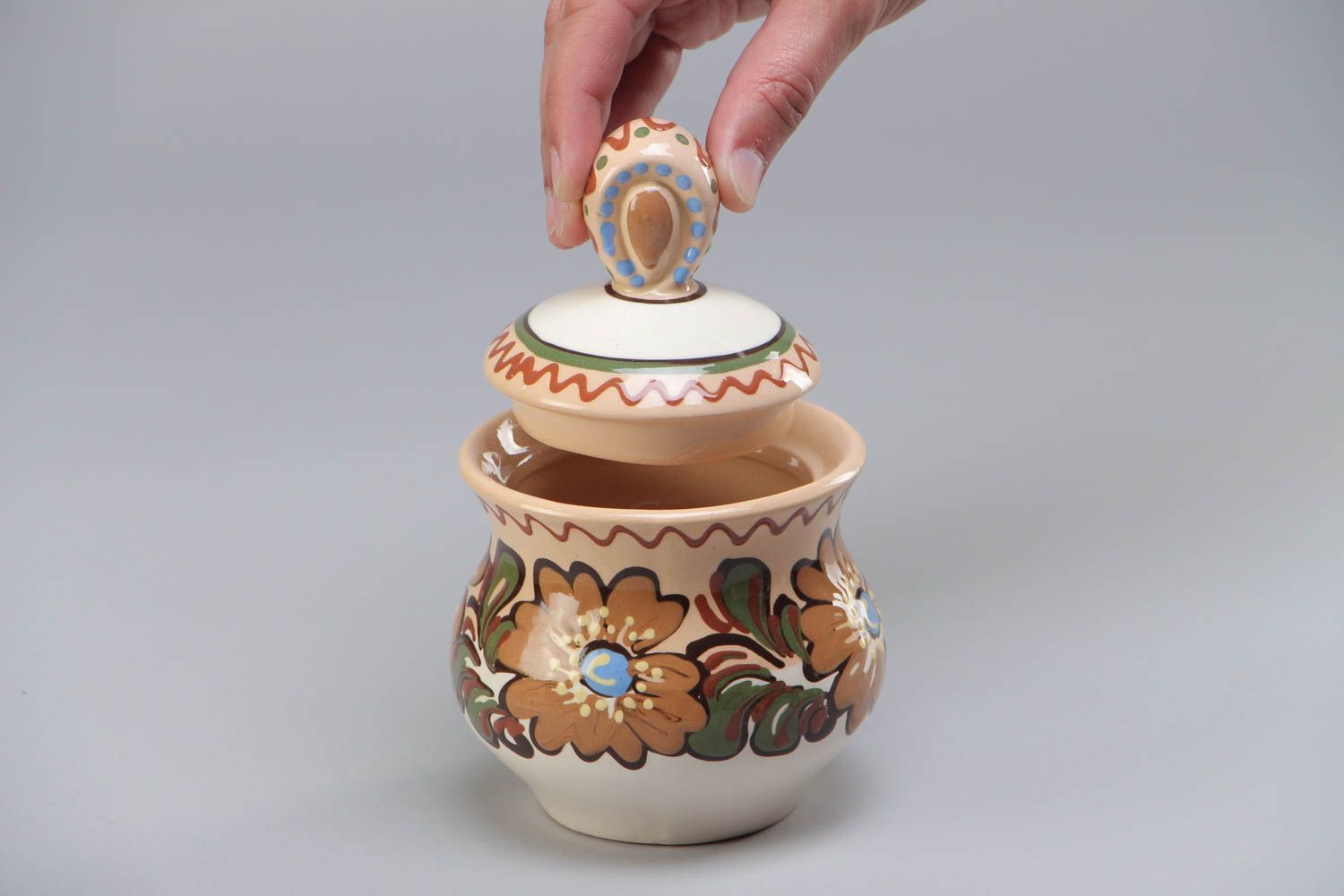 Handmade ceramic sugar bowl painted with colorful glaze with lid for 300 ml photo 5