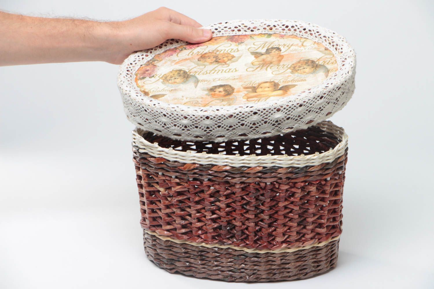 Handmade capacious round basket woven of paper tubes with lid with angel pattern photo 5