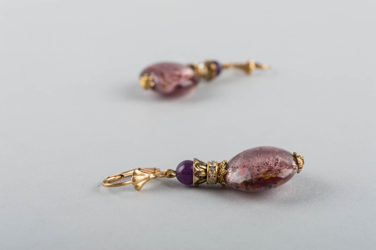 Beautiful handmade long brass earrings with Murano glass beads designer jewelry photo 5