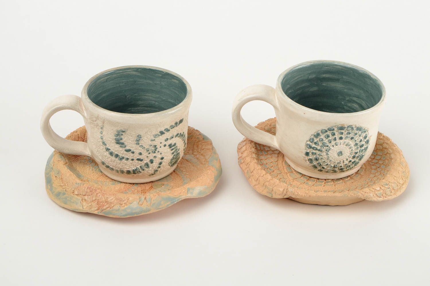Set of two 8 oz glazed coffee cups with handle and saucer in white and green color photo 3